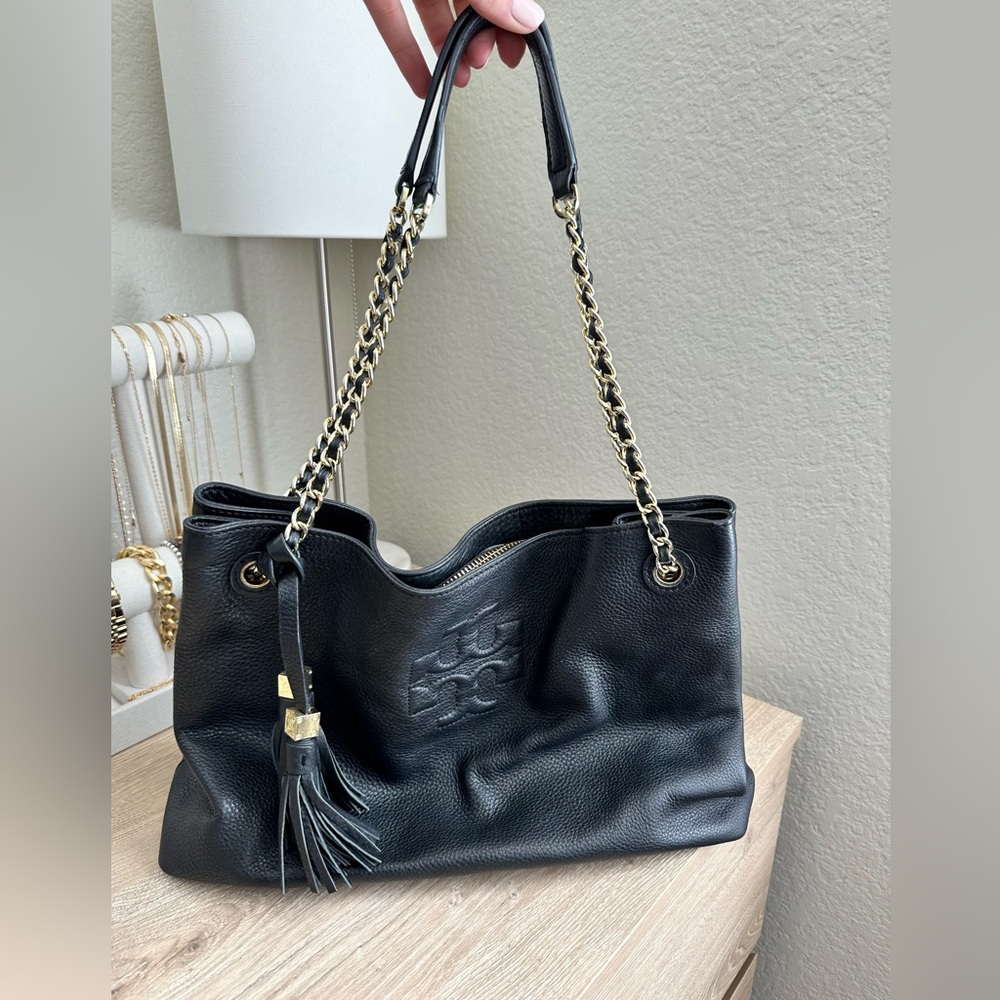 Tory Burch black leather Thea slouchy chain bag with tassels